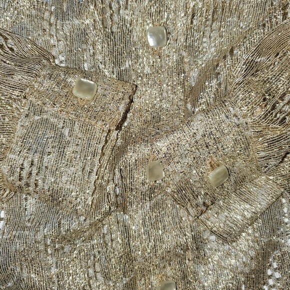 Vintage Gold Metallic & Nylon Deco Button Front Mandarin Collar Semi Sheer Top - Picture 5 of 8